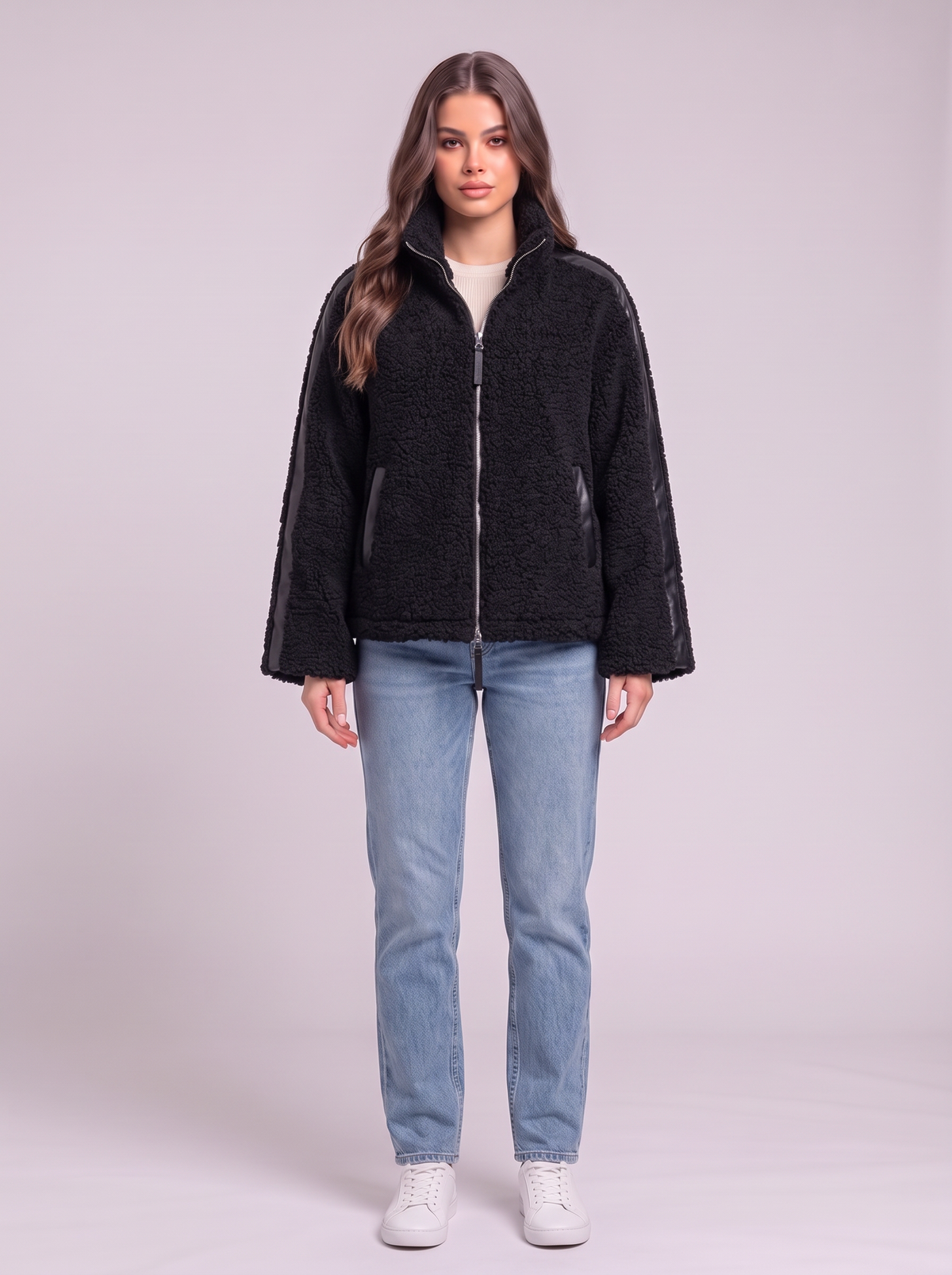 Zip Up Turtleneck Plush Jacket - Black