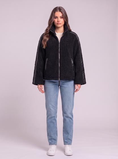 Zip Up Turtleneck Plush Jacket - Black