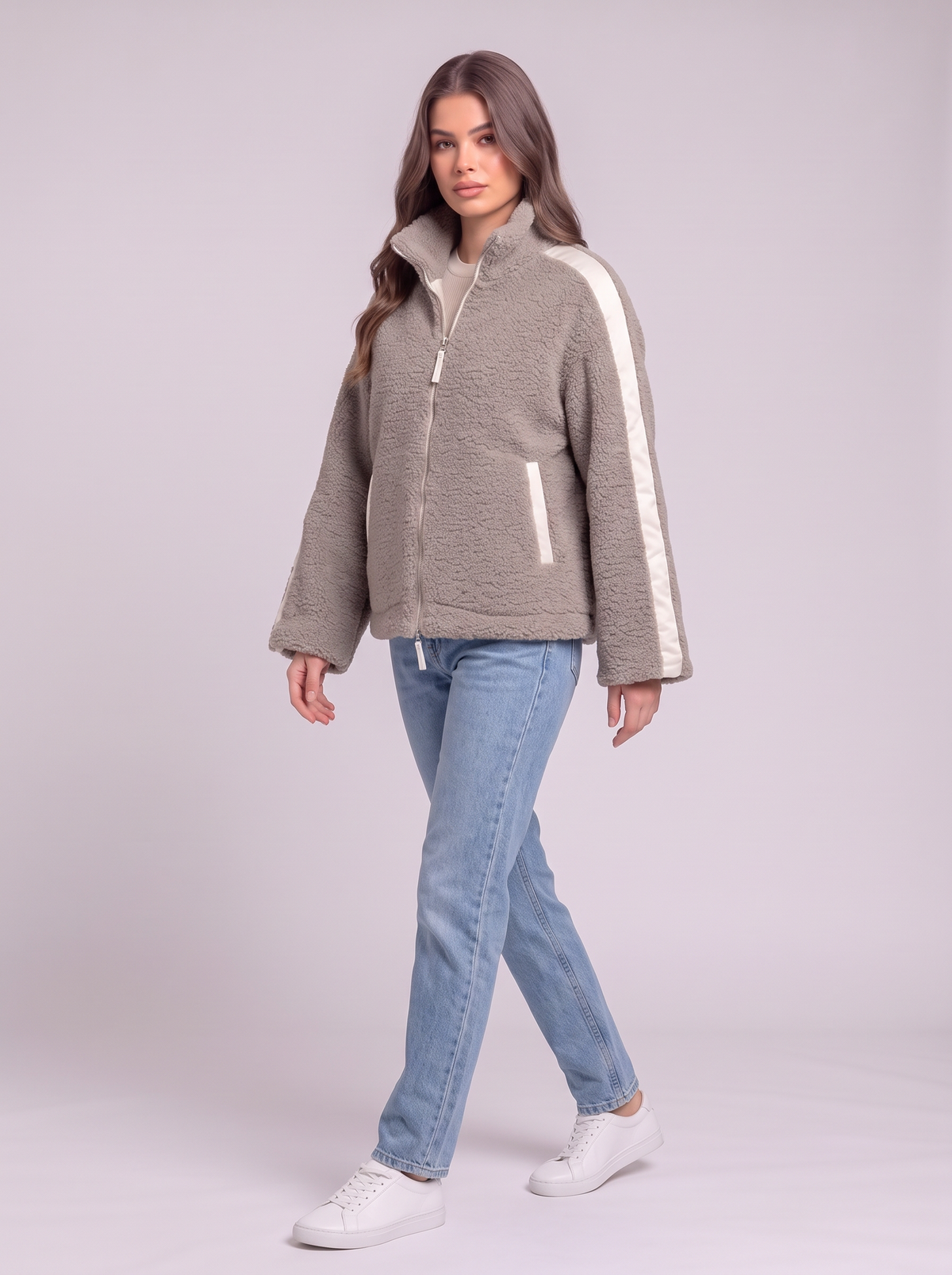 Zip Up Turtleneck Plush Jacket - Mocha - side