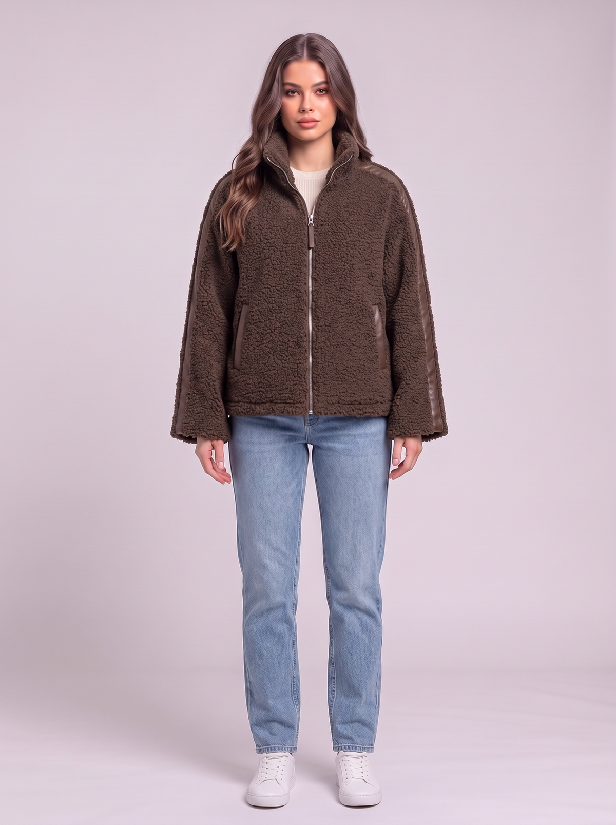 Zip Up Turtleneck Plush Jacket - Dark Brown