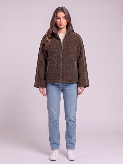 Zip Up Turtleneck Plush Jacket - Dark Brown