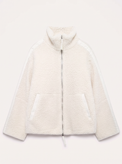 Zip Up Turtleneck Plush Jacket - White - flat lay