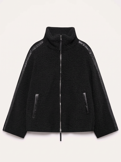 Zip Up Turtleneck Plush Jacket - Black - flat lay