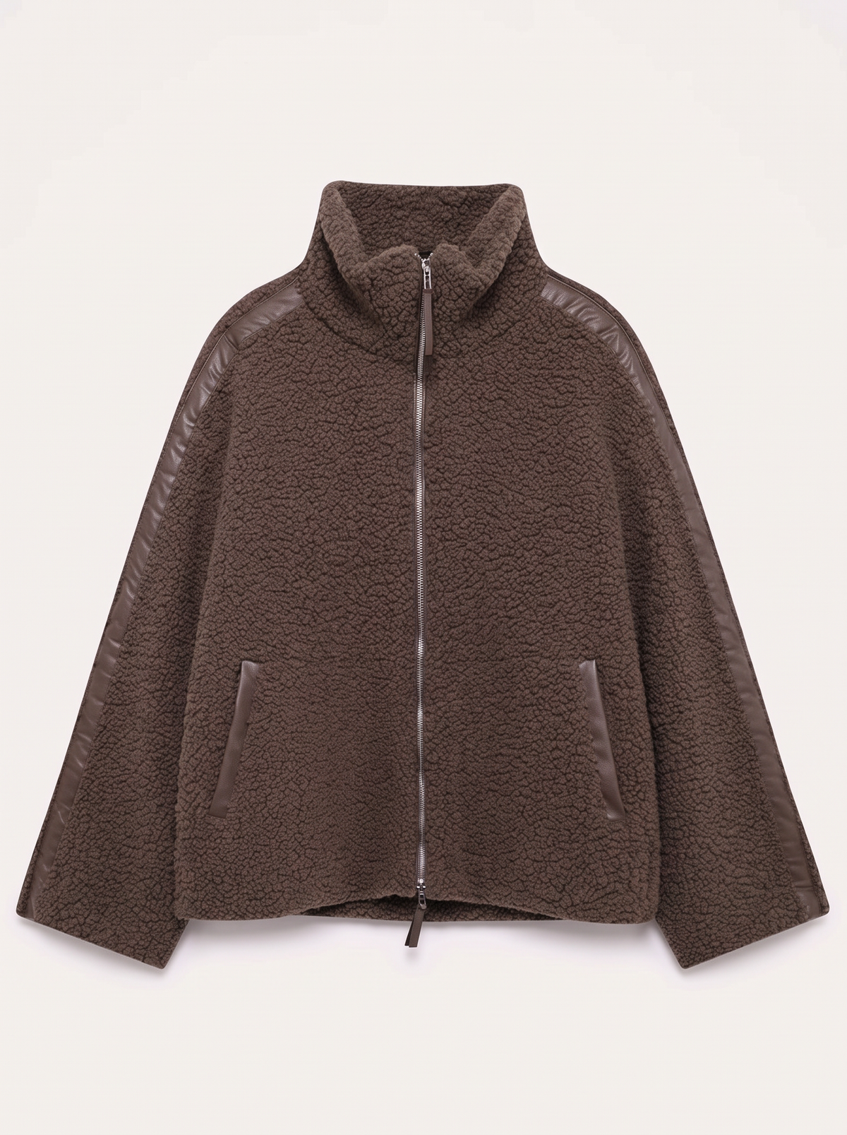 Zip Up Turtleneck Plush Jacket - Dark Brown - flat lay
