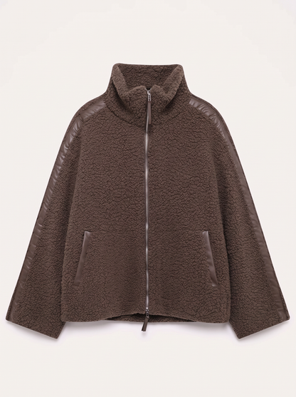 Zip Up Turtleneck Plush Jacket - Dark Brown - flat lay