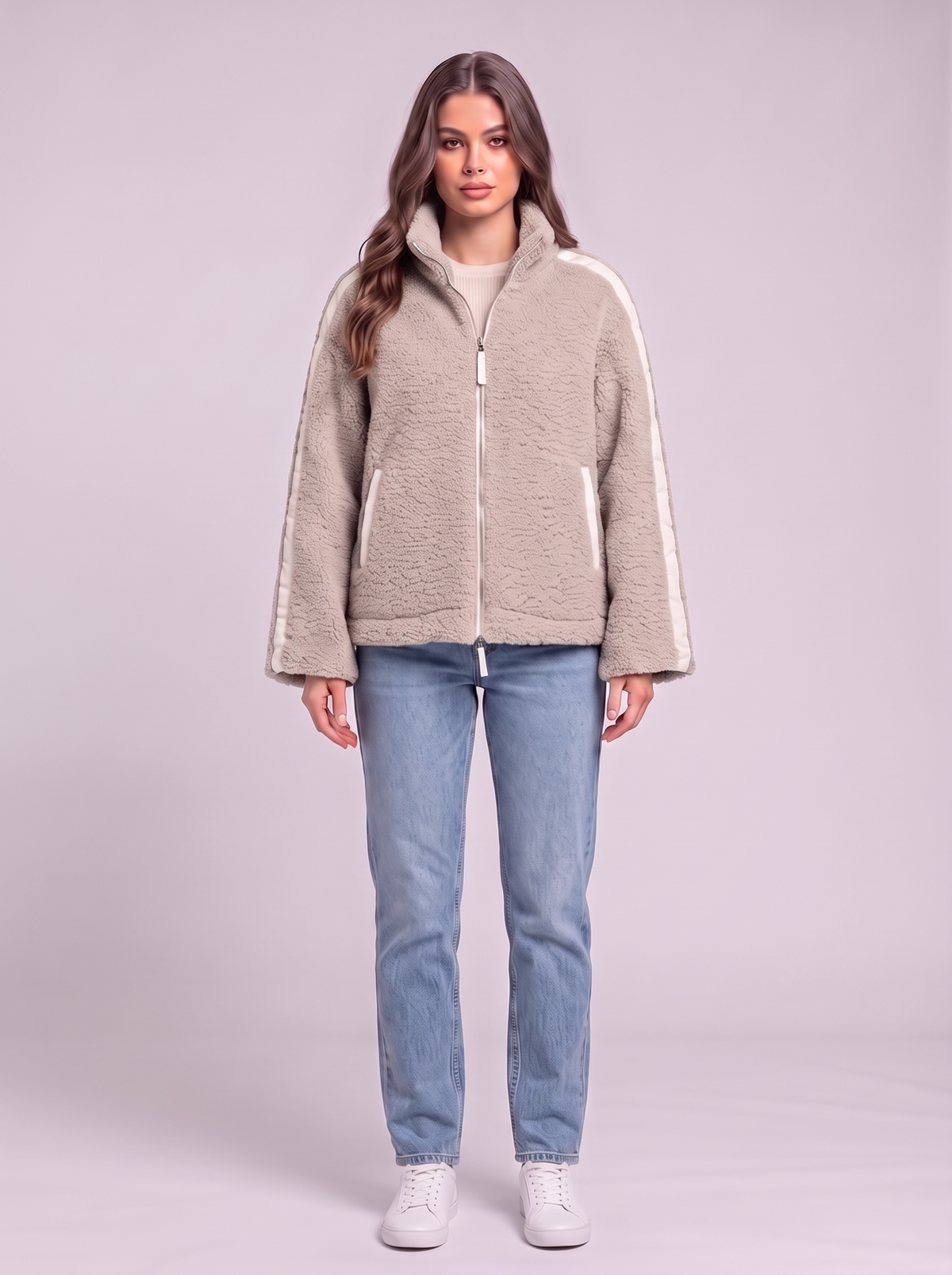 Zip Up Turtleneck Plush Jacket - Dust Storm