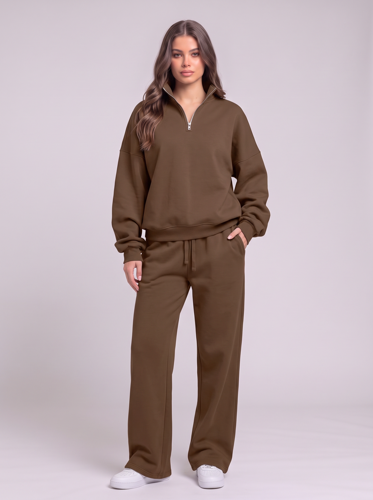 Half-Zip Sweatshirt and Wide-Leg Sweatpants Set - Dark Brown