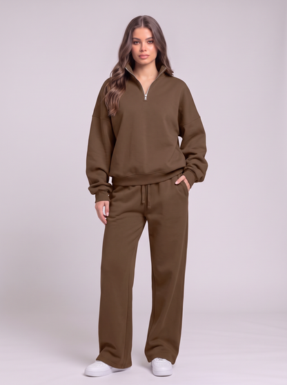 Half-Zip Sweatshirt and Wide-Leg Sweatpants Set - Dark Brown