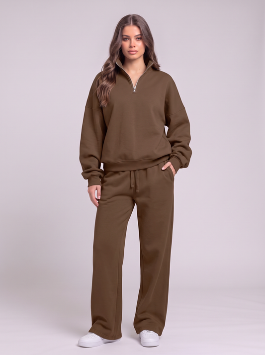 Half-Zip Sweatshirt and Wide-Leg Sweatpants Set - Dark Brown