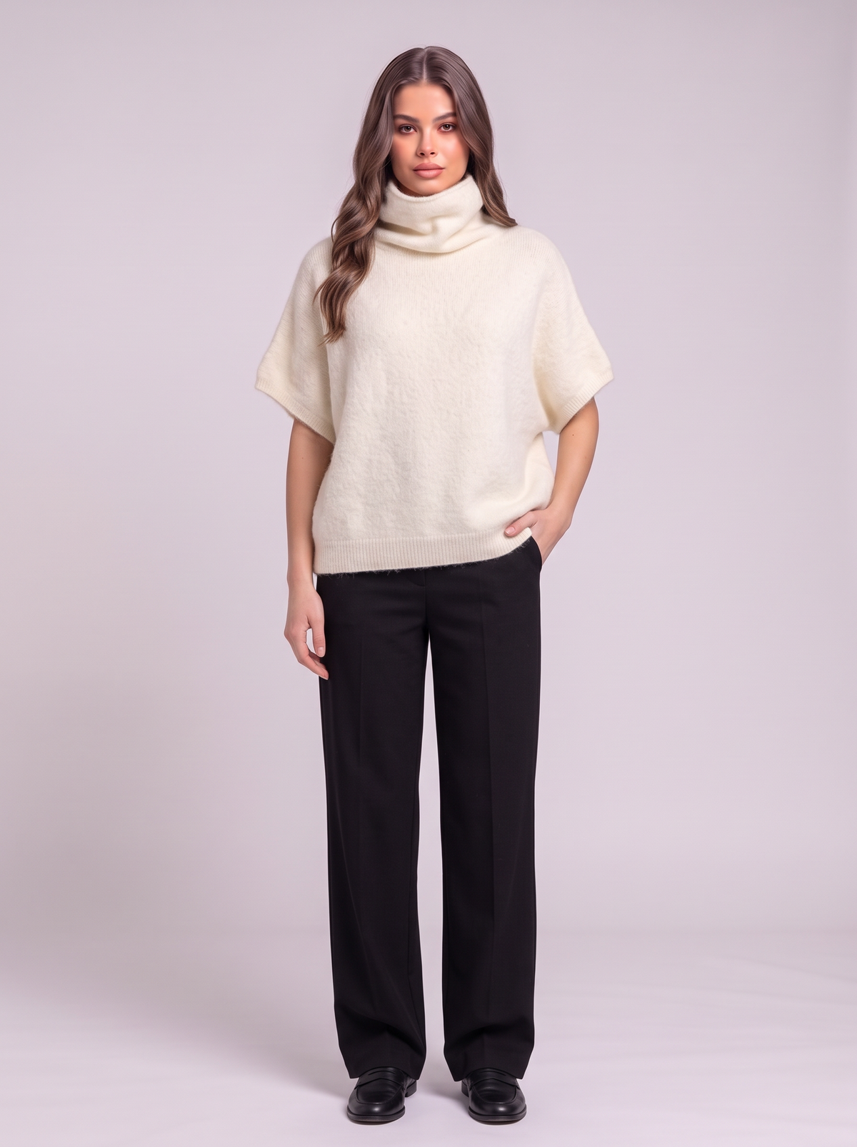 Turtleneck Fuzzy Short Sleeve Sweater - Cream