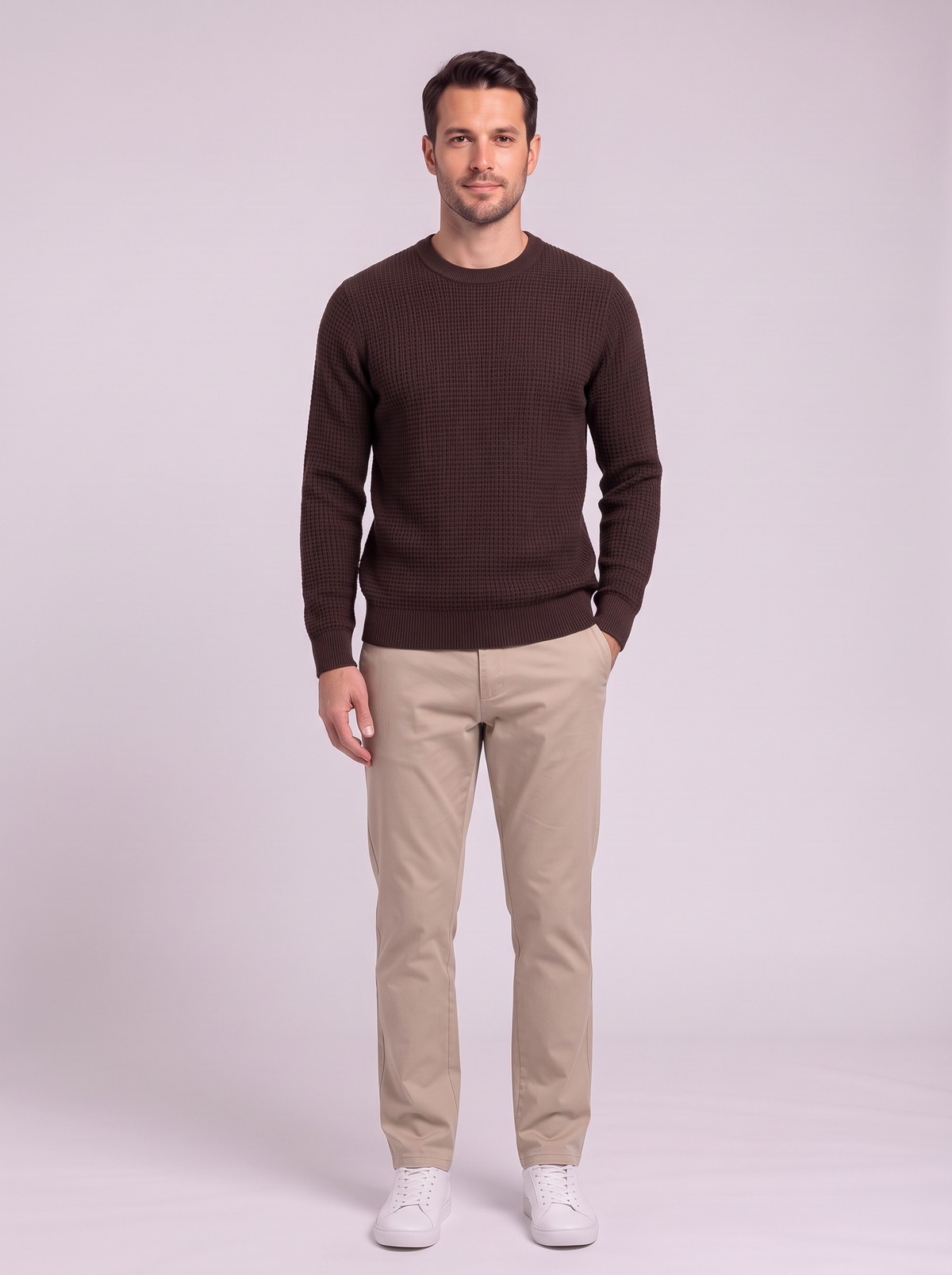 Men's Waffle-Knit Crew Neck Sweater - Brown
