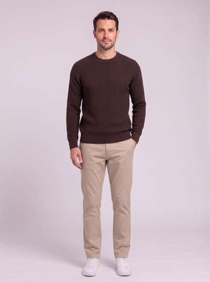 Men's Waffle-Knit Crew Neck Sweater - Brown