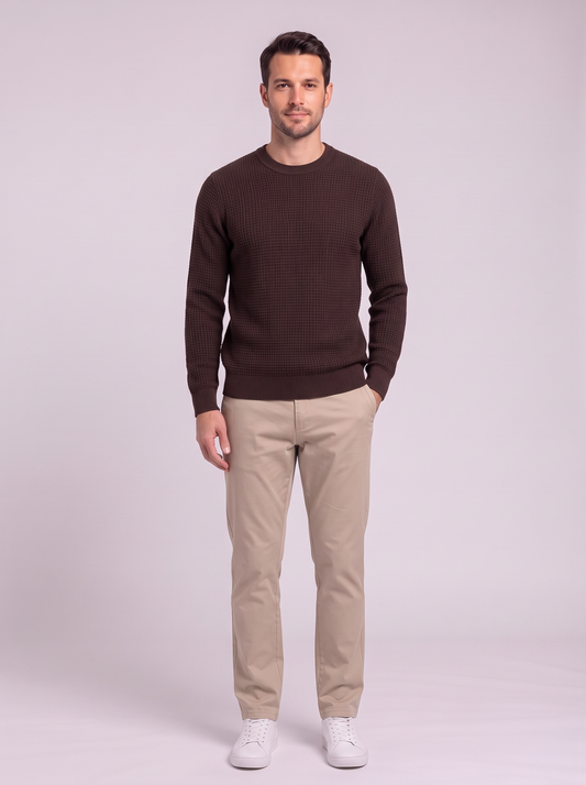 Men's Waffle-Knit Crew Neck Sweater - Brown