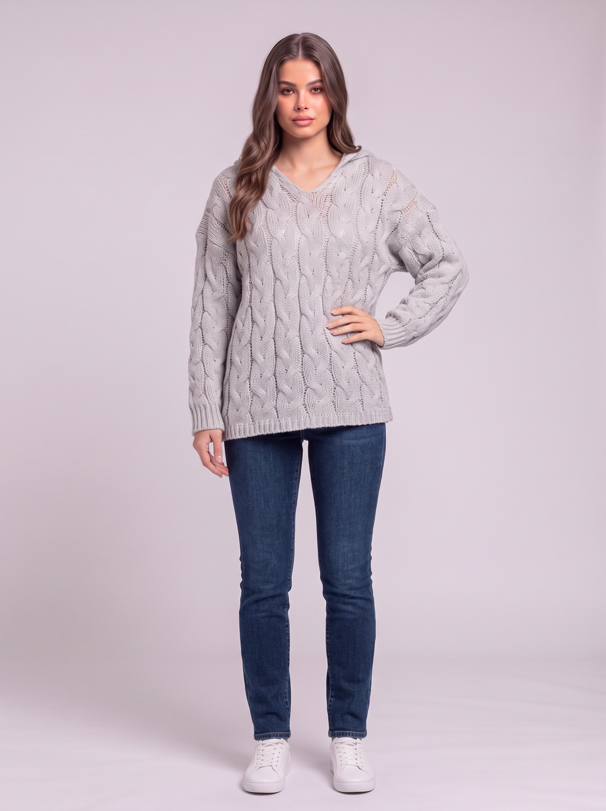 Cable-Knit Hooded Sweater - Light Gray