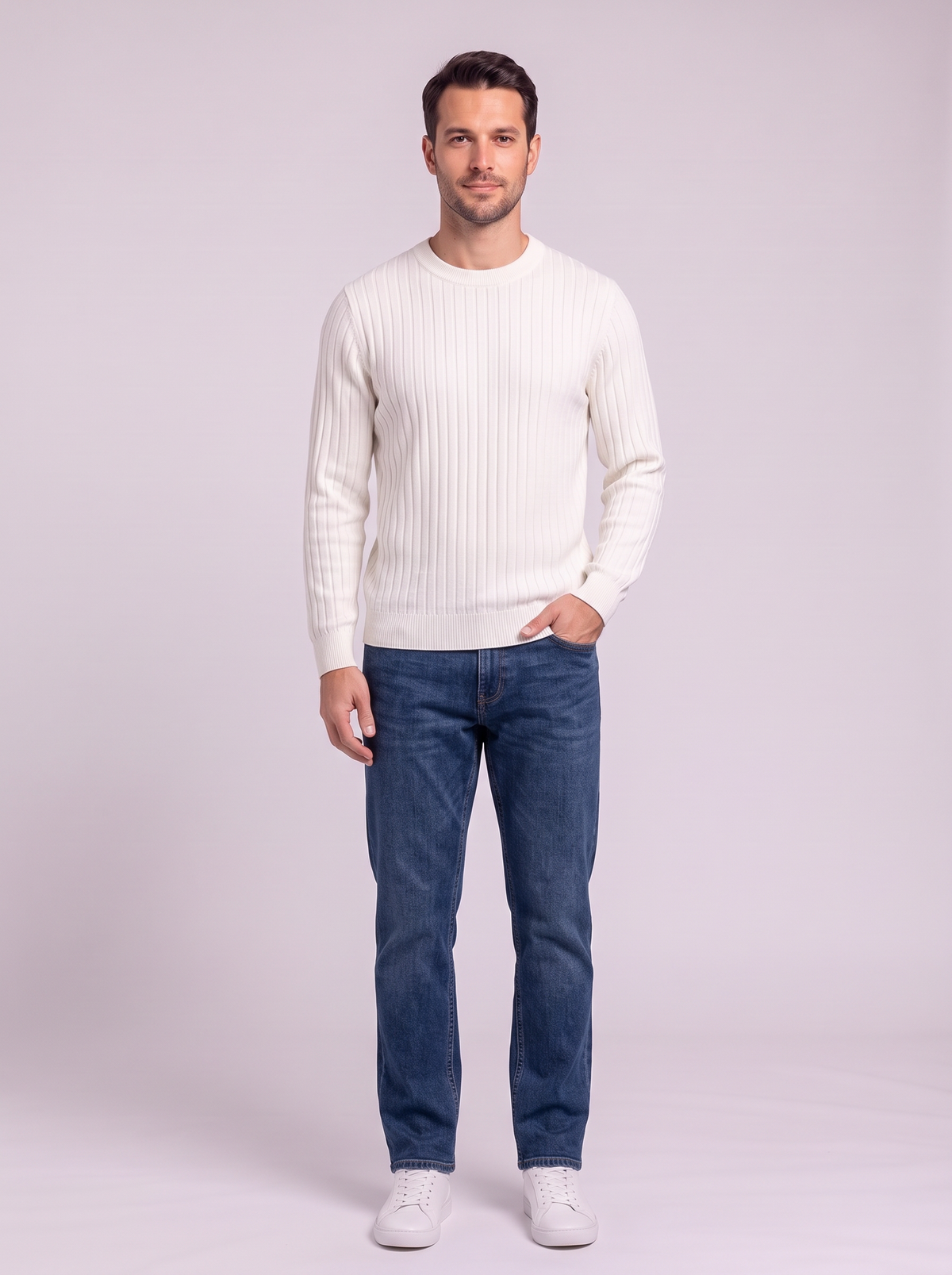 Men's Ribbed Knit Crew Neck Sweater - White