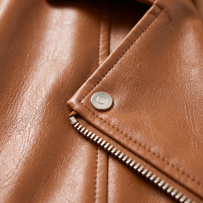 Faux Leather Cropped Biker Jacket - Caramel - close-up