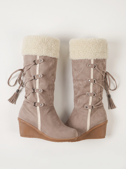 Faux Fur Lined Suede Wedge Boots - Apricot - product