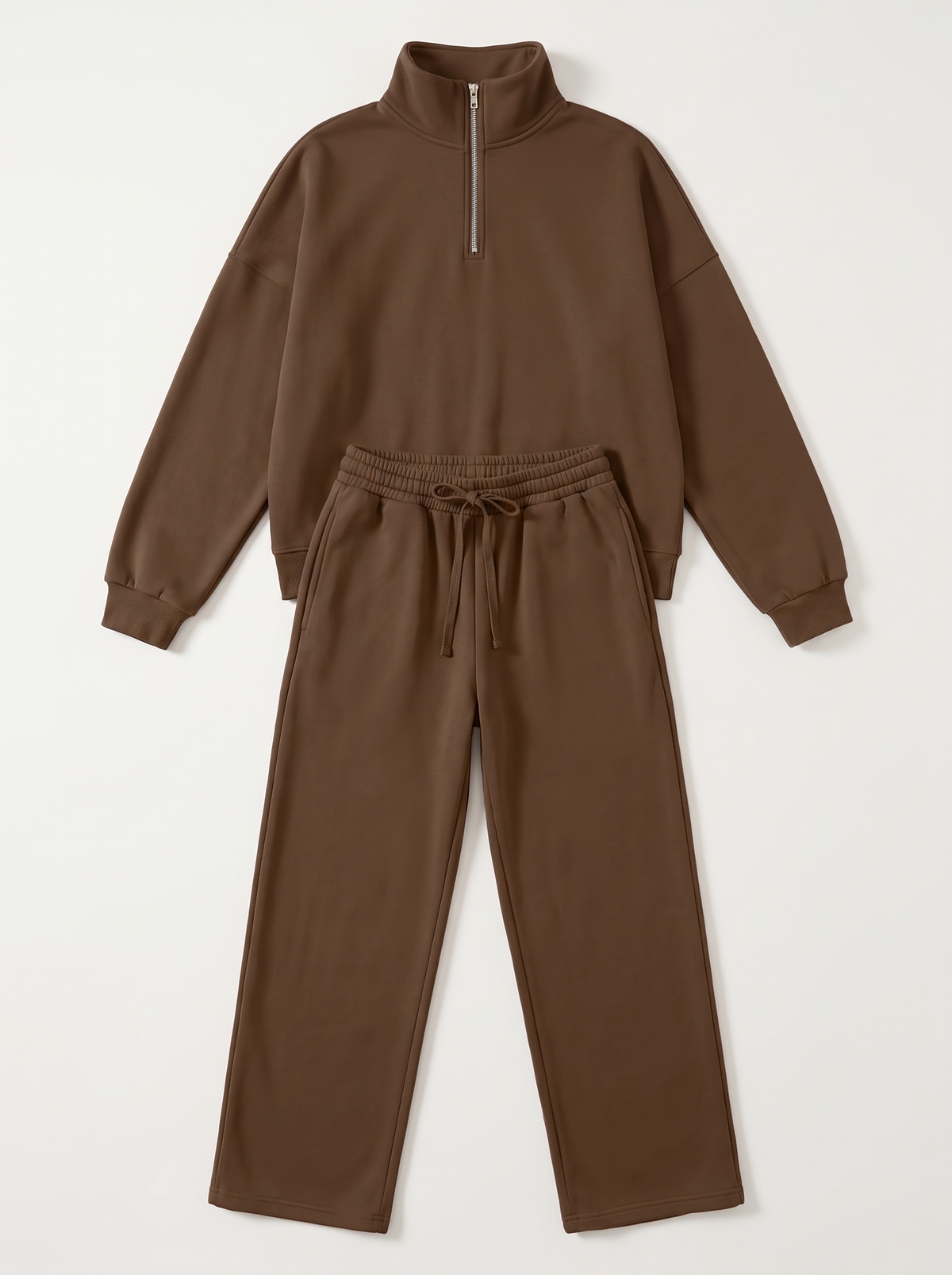 Half-Zip Sweatshirt and Wide-Leg Sweatpants Set - Dark Brown - flat lay