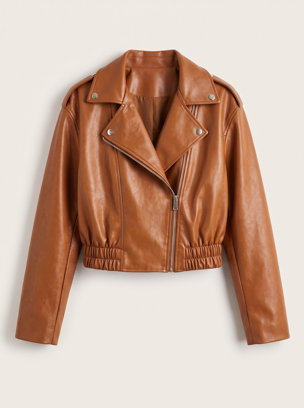 Faux Leather Cropped Biker Jacket - Caramel - flat lay