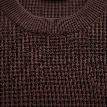 Men's Waffle-Knit Crew Neck Sweater - Brown - knit close-up