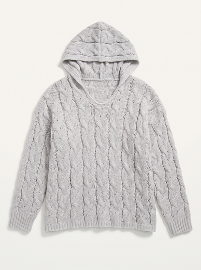 Cable-Knit Hooded Sweater - Light Gray - flat lay