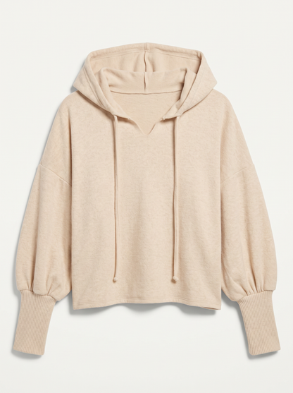 Brushed Hacci Cropped Hoodie - Sand Beige - flat lay