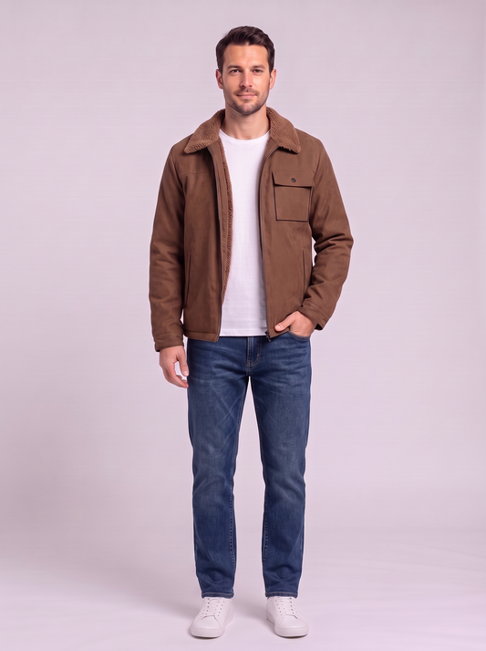 Men's Sherpa-Lined Canvas Utility Jacket - Coffee