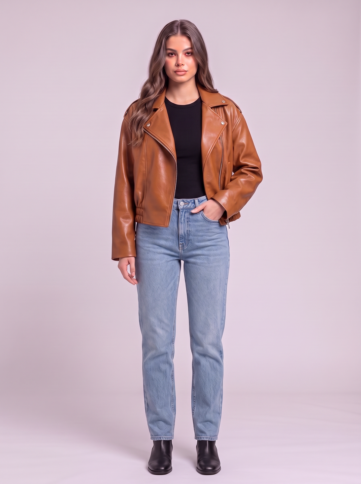 Faux Leather Cropped Biker Jacket - Caramel