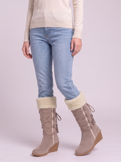 Faux Fur Lined Suede Wedge Boots - Apricot