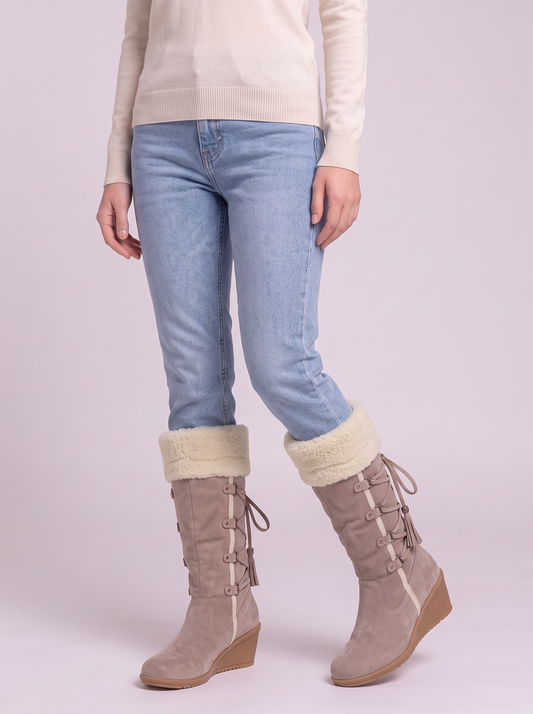 Faux Fur Lined Suede Wedge Boots - Apricot