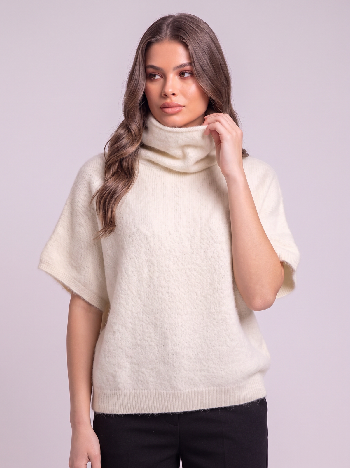 Turtleneck Fuzzy Short Sleeve Sweater - Cream - detail