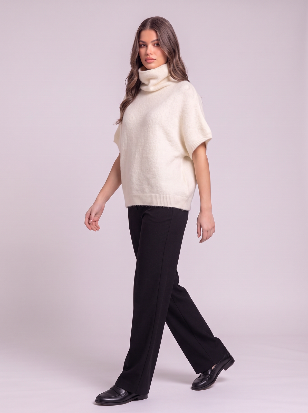Turtleneck Fuzzy Short Sleeve Sweater - Cream - side