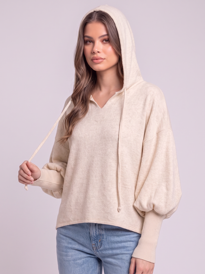 Brushed Hacci Cropped Hoodie - Sand Beige - detail