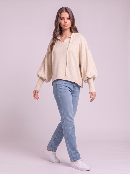 Brushed Hacci Cropped Hoodie - Sand Beige - side