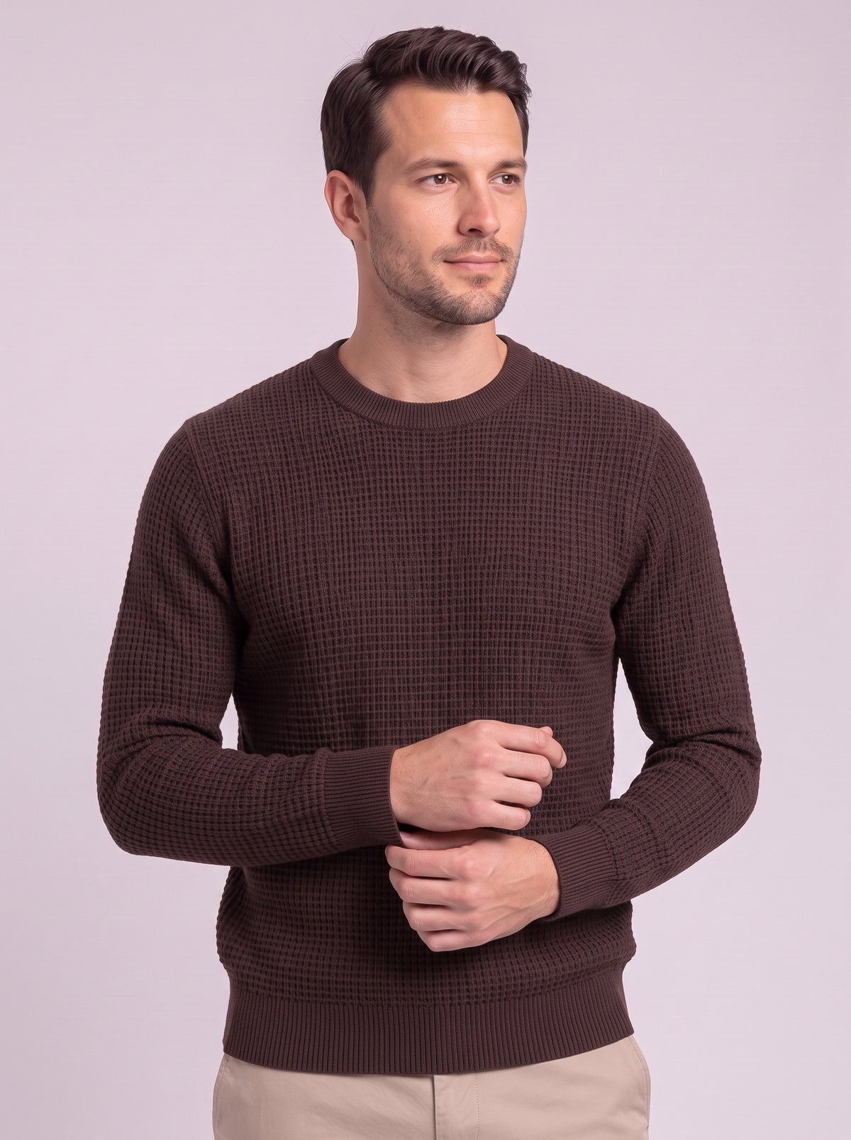 Men's Waffle-Knit Crew Neck Sweater - Brown - detail