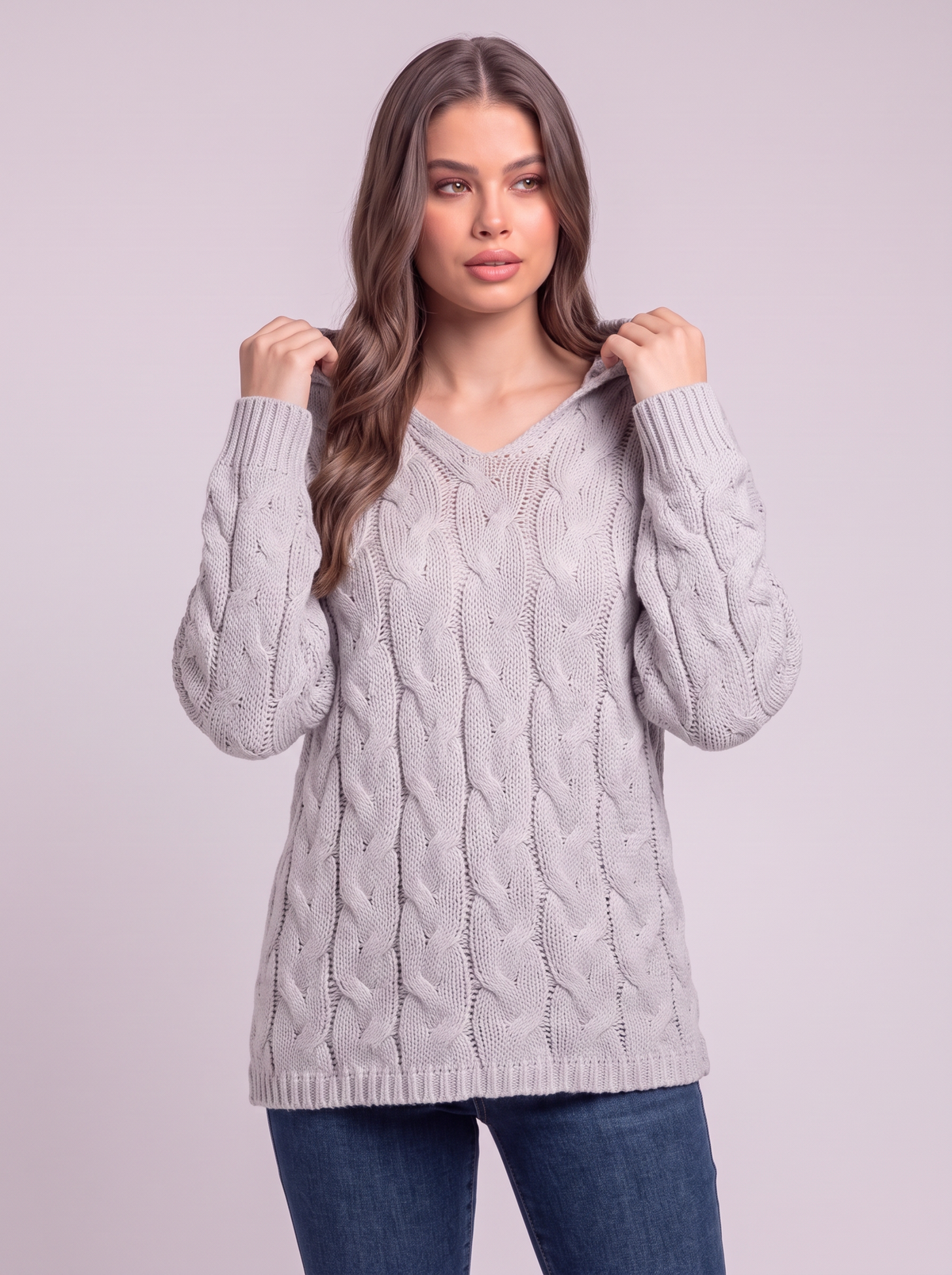 Cable-Knit Hooded Sweater - Light Gray - detail