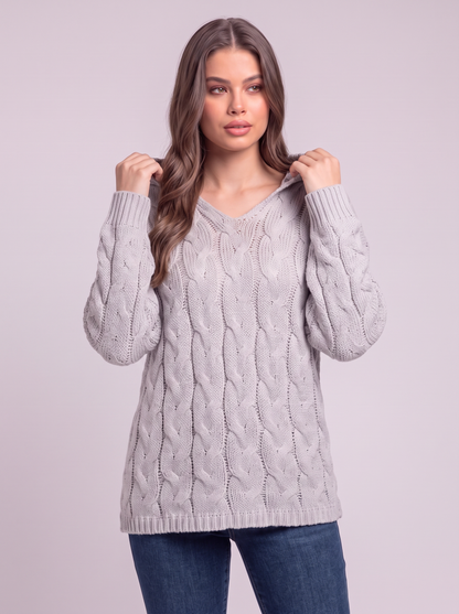 Cable-Knit Hooded Sweater - Light Gray - detail