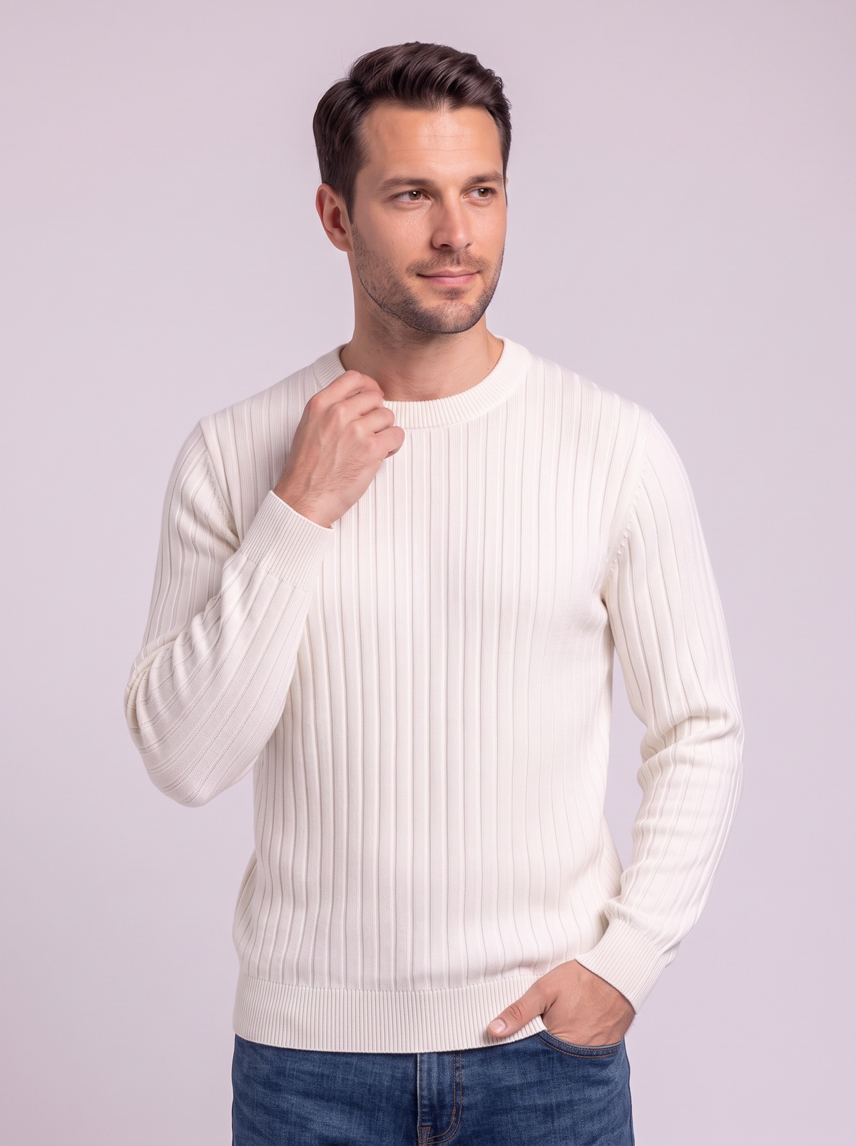 Men's Ribbed Knit Crew Neck Sweater - White - detail