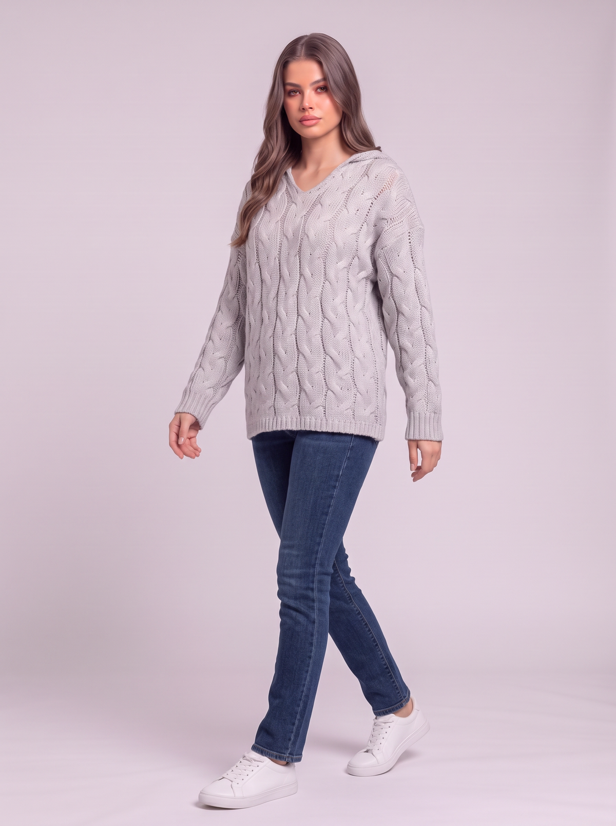 Cable-Knit Hooded Sweater - Light Gray - side