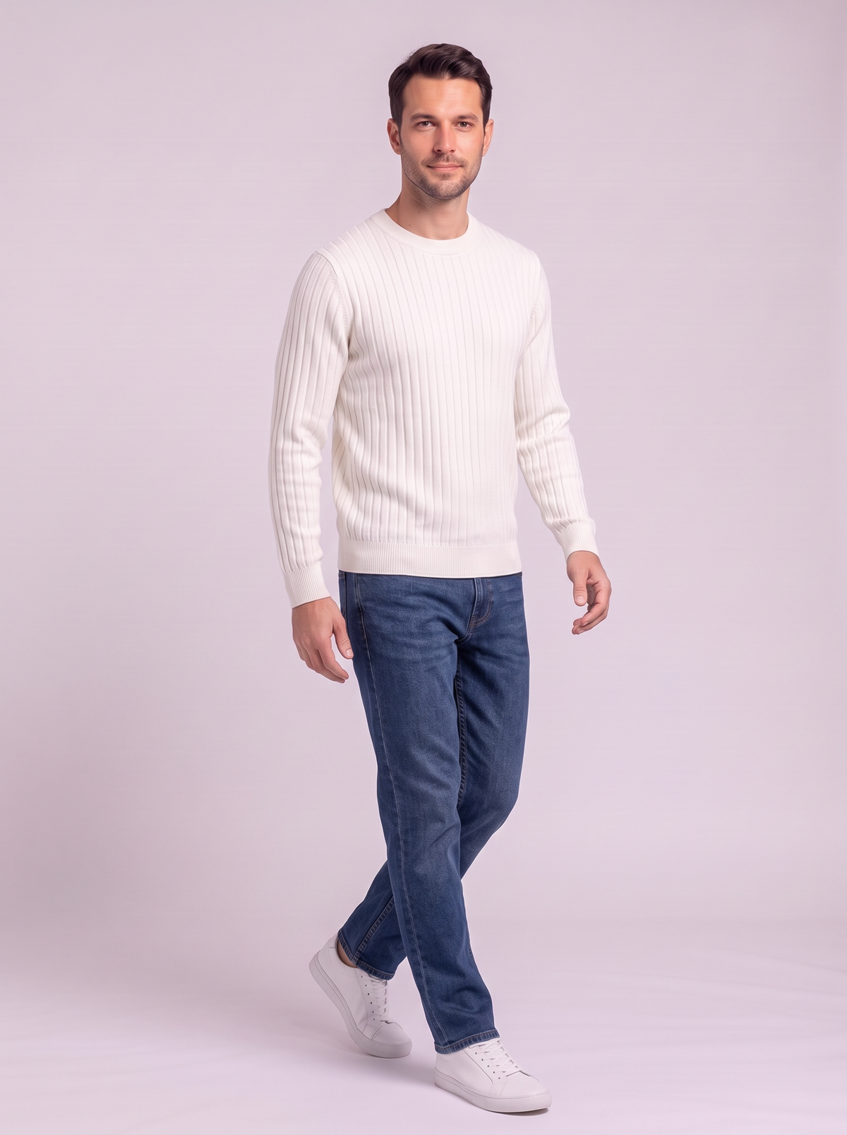 Men's Ribbed Knit Crew Neck Sweater - White - side