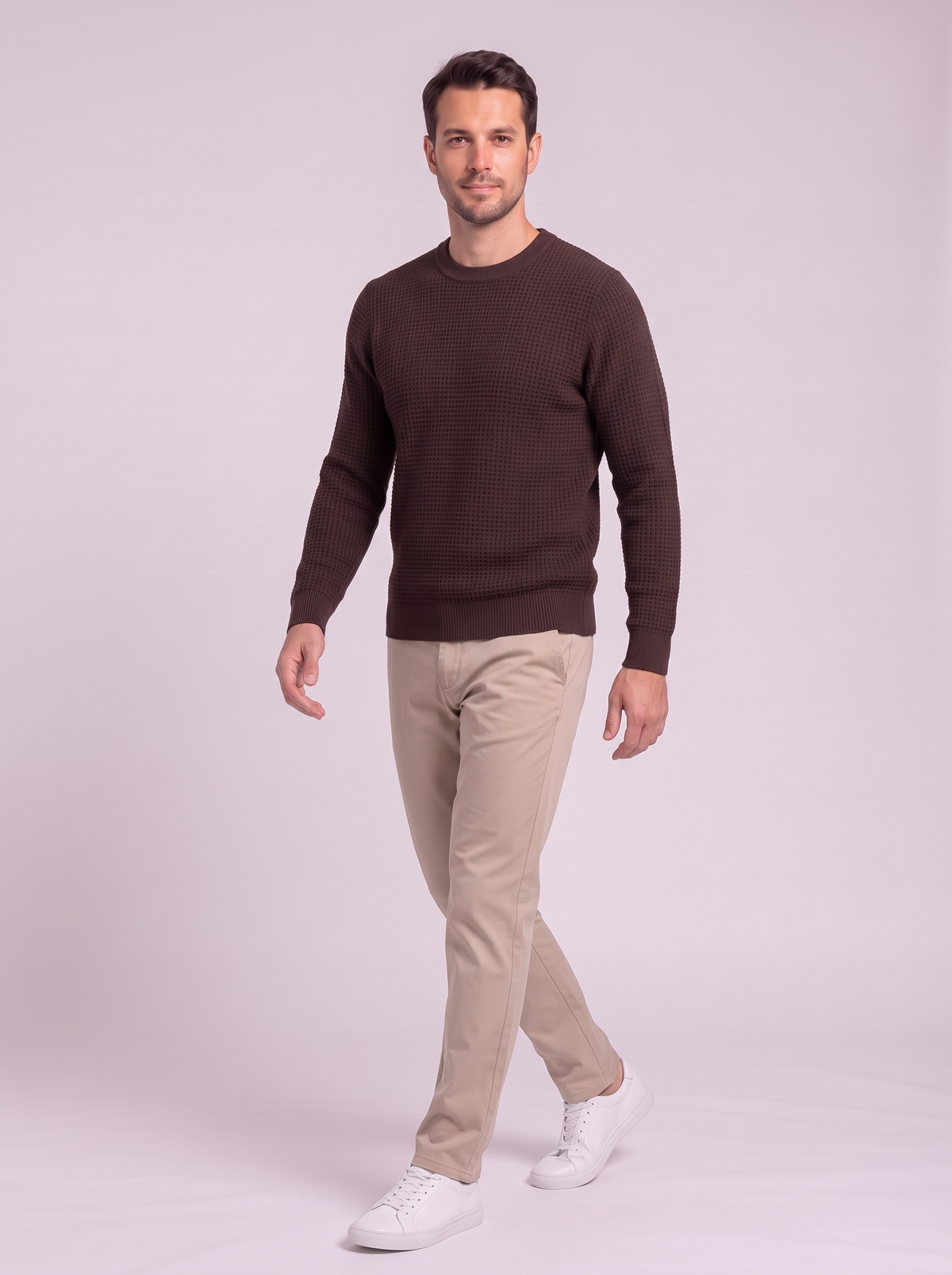Men's Waffle-Knit Crew Neck Sweater - Brown - side