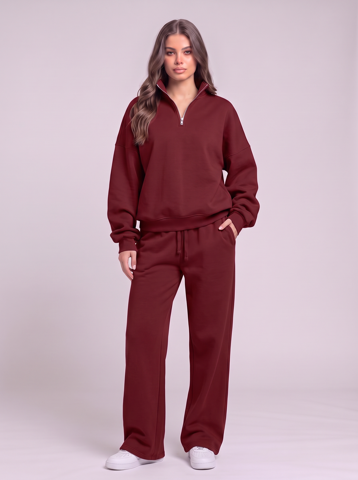 Half-Zip Sweatshirt and Wide-Leg Sweatpants Set - Burgundy