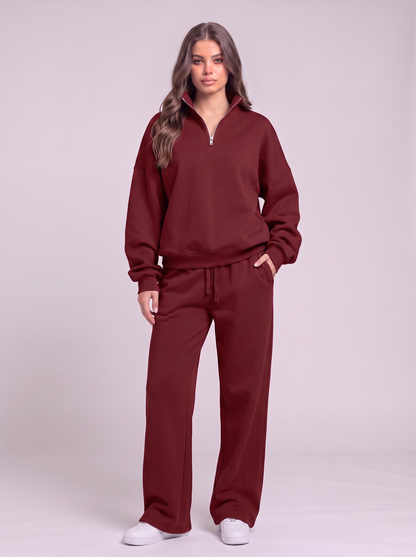 Half-Zip Sweatshirt and Wide-Leg Sweatpants Set - Burgundy