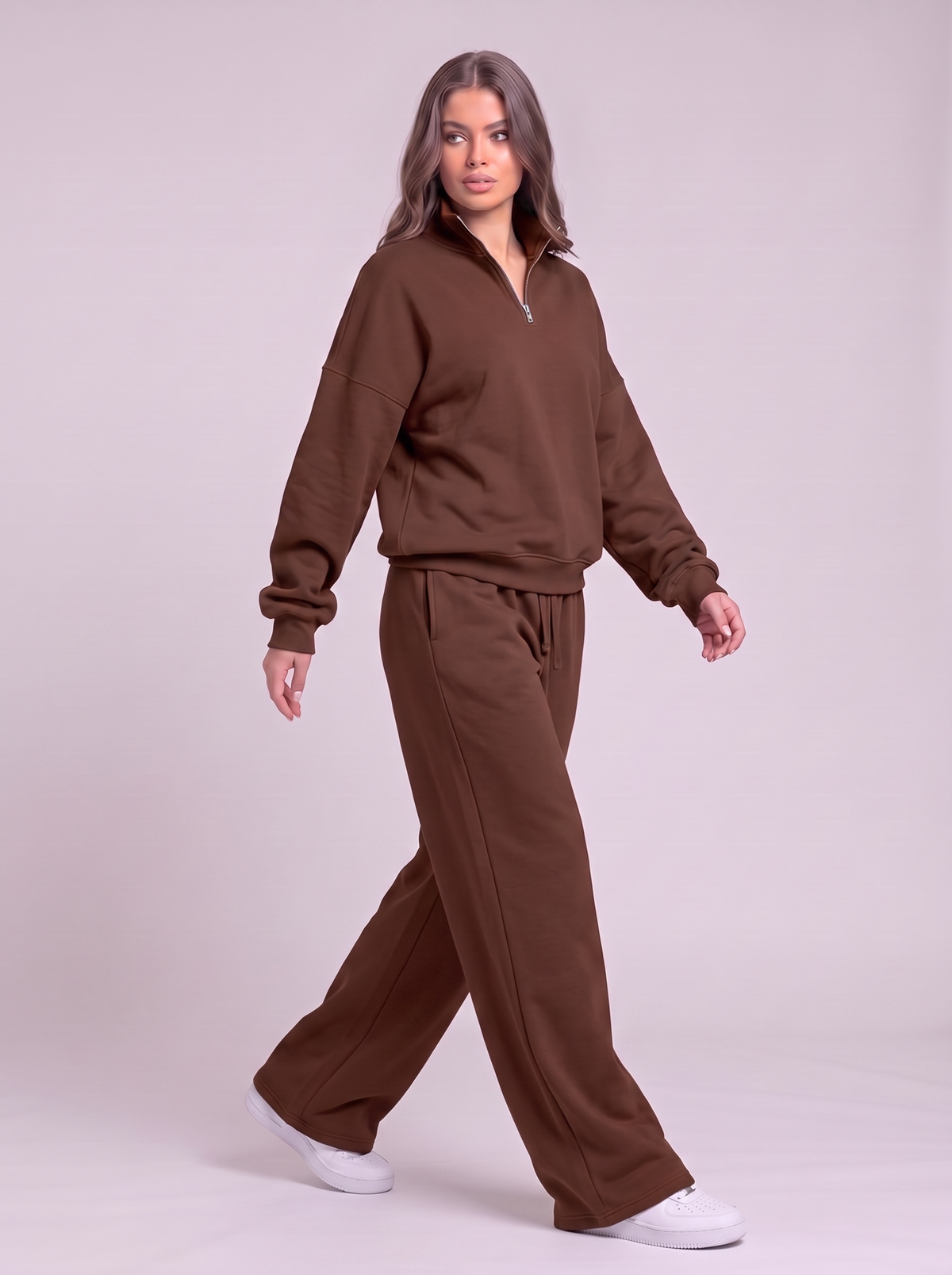 Half-Zip Sweatshirt and Wide-Leg Sweatpants Set - Dark Brown - side