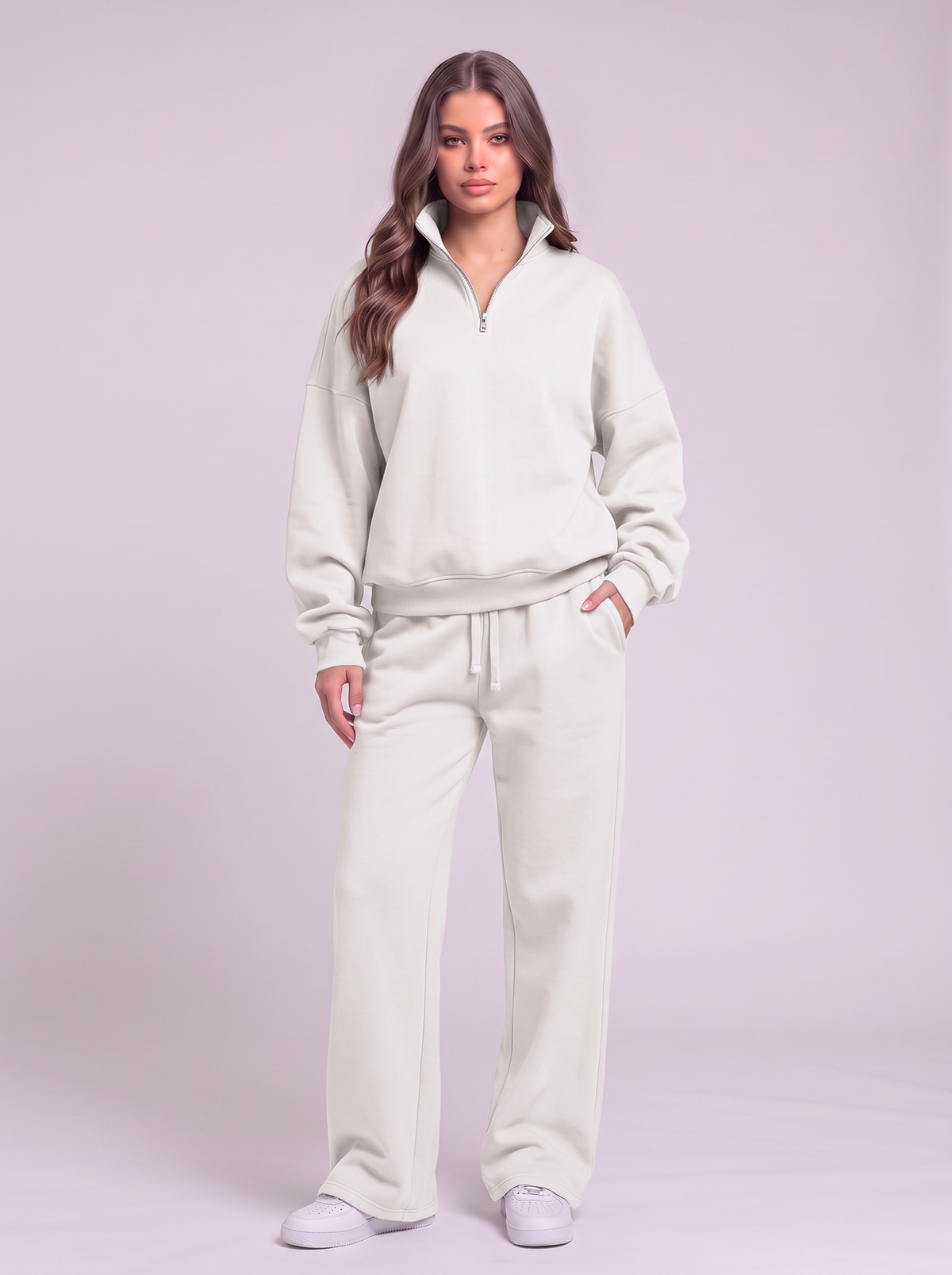 Half-Zip Sweatshirt and Wide-Leg Sweatpants Set - White