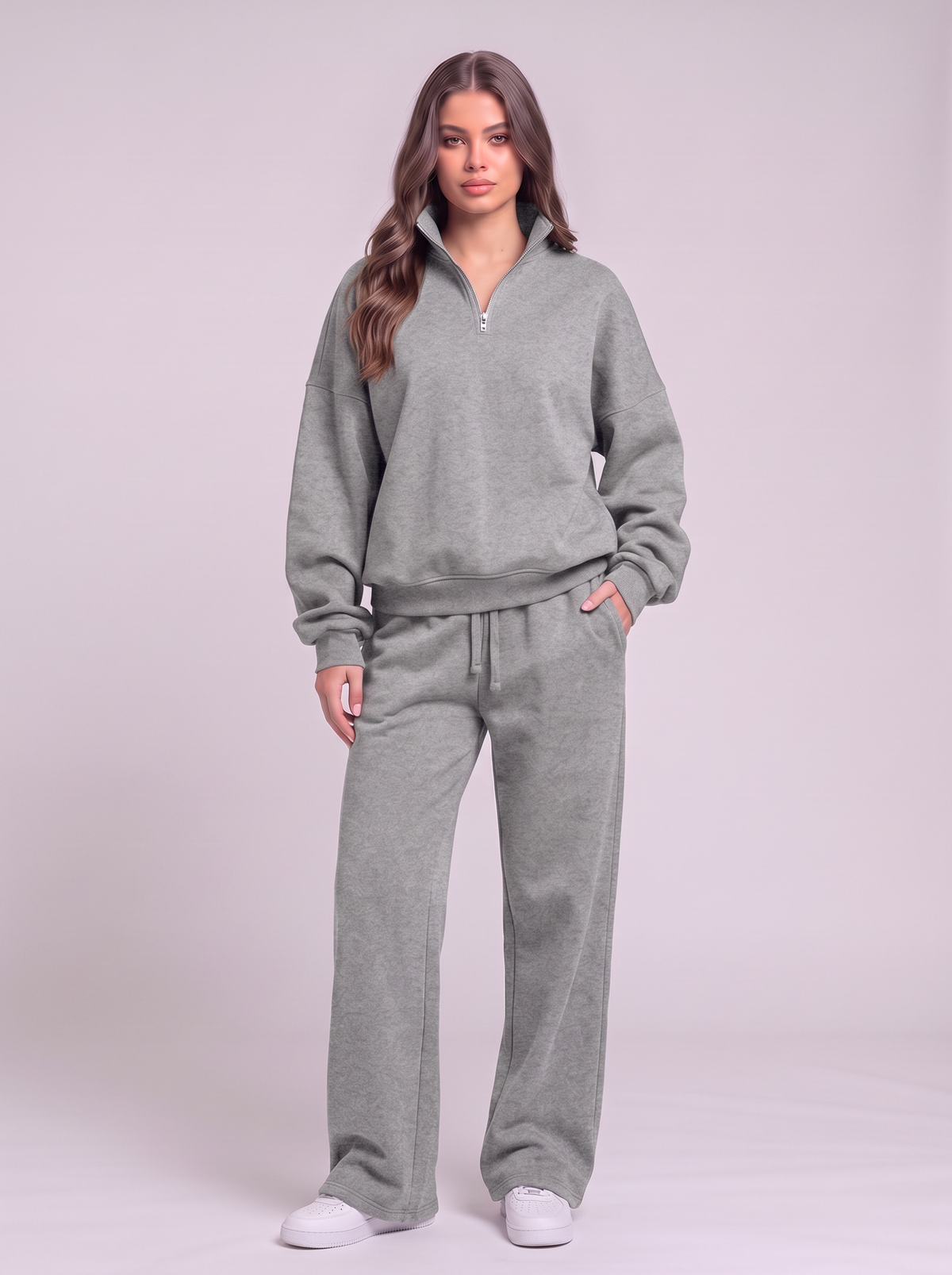 Half-Zip Sweatshirt and Wide-Leg Sweatpants Set - Light Gray