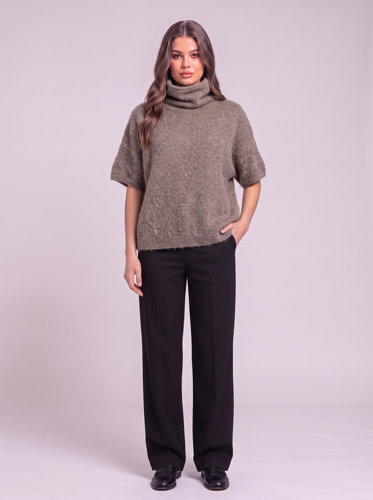 Turtleneck Fuzzy Short Sleeve Sweater - Mocha