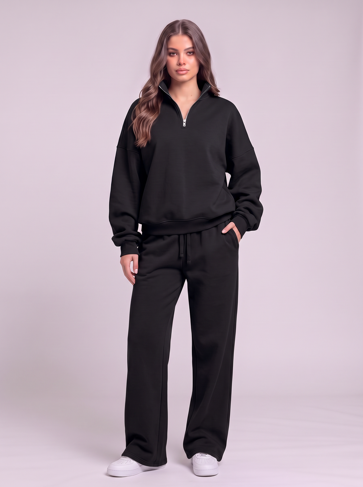 Half-Zip Sweatshirt and Wide-Leg Sweatpants Set - Black