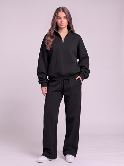 Half-Zip Sweatshirt and Wide-Leg Sweatpants Set - Black