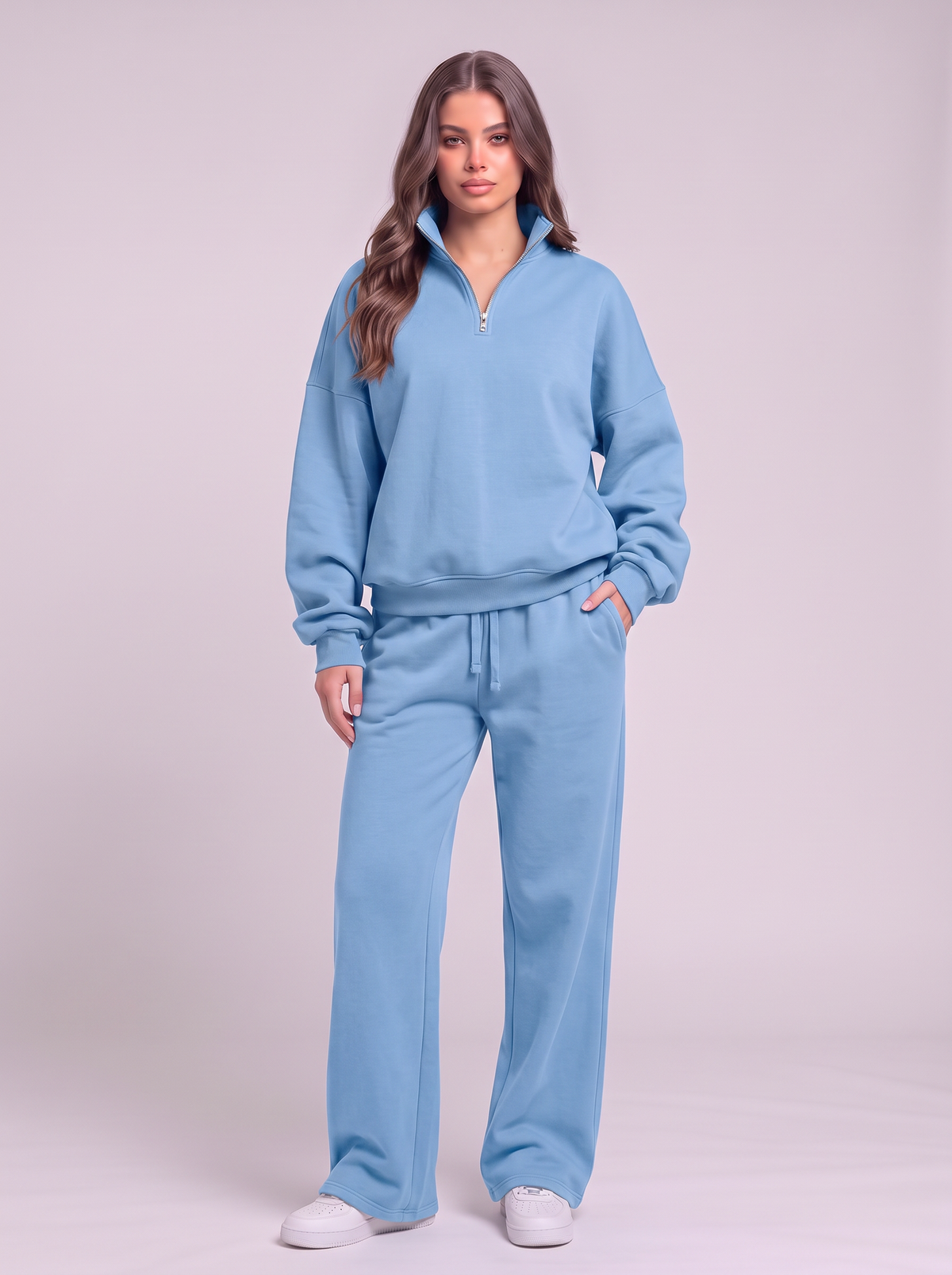 Half-Zip Sweatshirt and Wide-Leg Sweatpants Set - Sky Blue